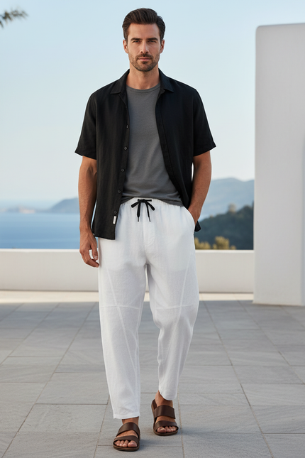 Pantalon En Lin Blanc Ample Décontracté Homme Cordon