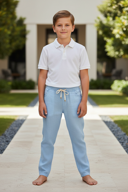 Pantalon En Lin Bleu Ciel Décontracté Cordon Enfant