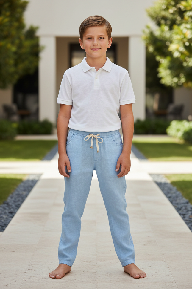 Pantalon En Lin Bleu Ciel Décontracté Cordon Enfant