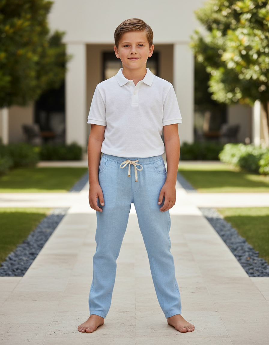 Pantalon En Lin Bleu Ciel Décontracté Cordon Enfant
