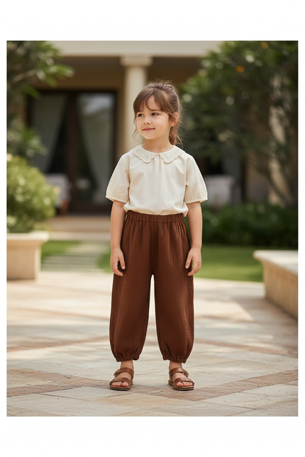 Pantalon En Lin Ample Marron Fille Décontracté Coton