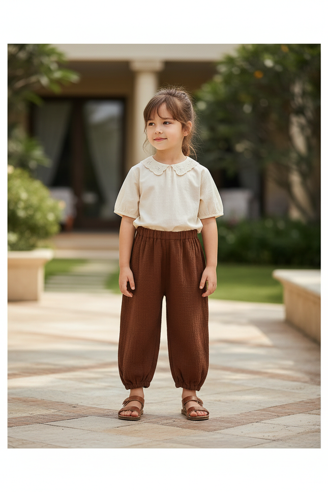 Pantalon En Lin Ample Marron Fille Décontracté Coton