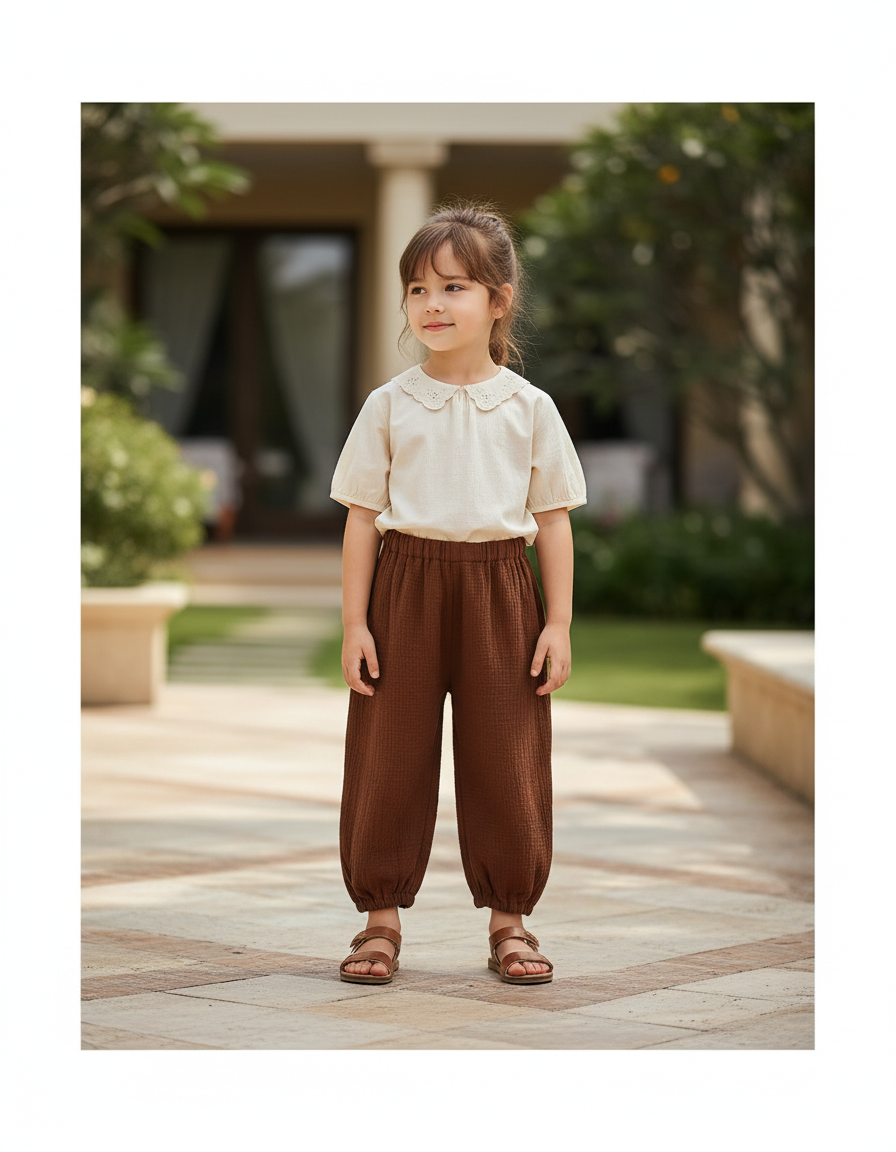 Pantalon En Lin Ample Marron Fille Décontracté Coton