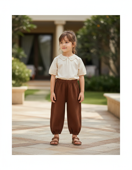 Pantalon En Lin Ample Marron Fille Décontracté Coton
