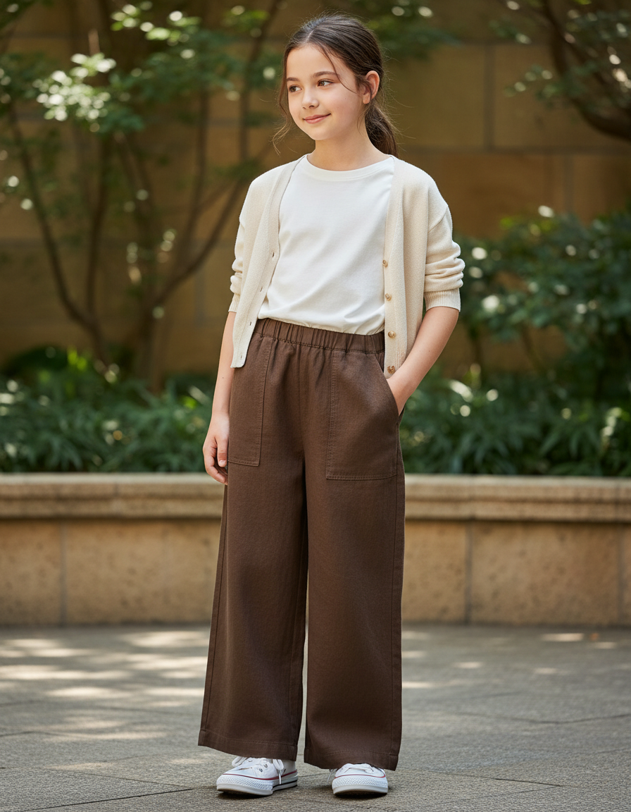 Pantalon En Lin Marron Ample Enfant Coton