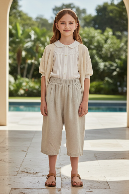 Pantalon En Lin Beige Ample Décontracté Enfant Fluide