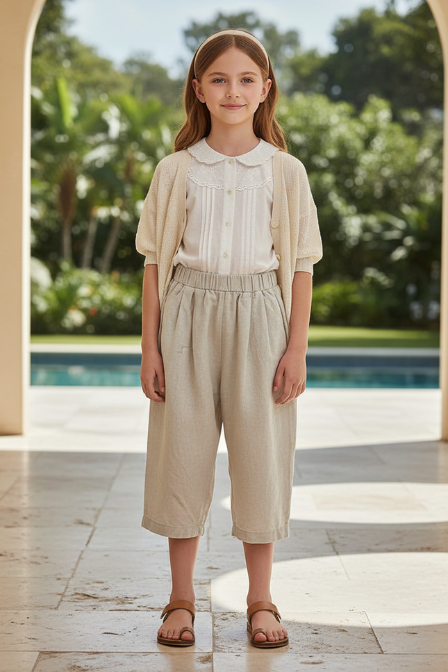 Pantalon En Lin Beige Ample Décontracté Enfant Fluide