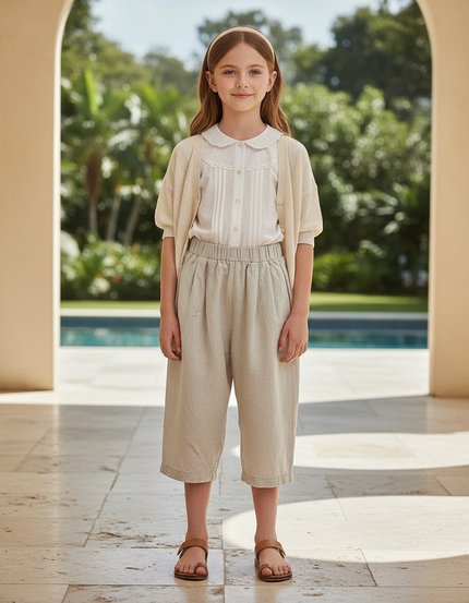 Pantalon En Lin Beige Ample Décontracté Enfant Fluide