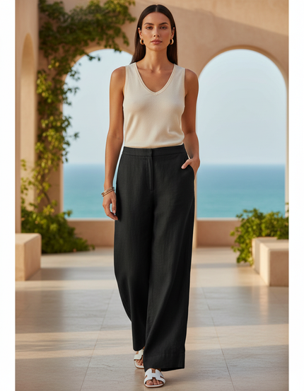 Pantalon En Lin Noir Ample Décontracté Femme Fluide