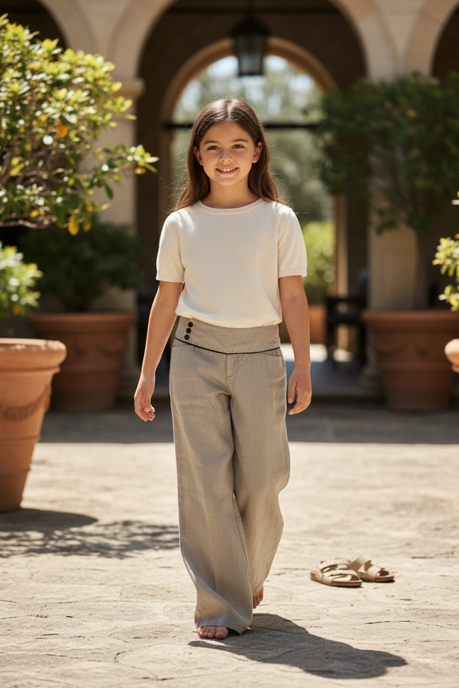 Pantalon En Lin Gris Ample Fluide Boutons