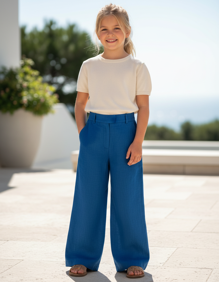Pantalon En Lin Bleu Ample Taille Haute Fille