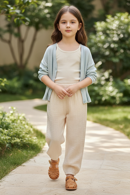 Pantalon En Lin Beige Ample Décontracté Enfant