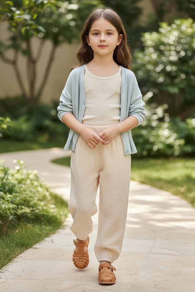 Pantalon En Lin Beige Ample Décontracté Enfant