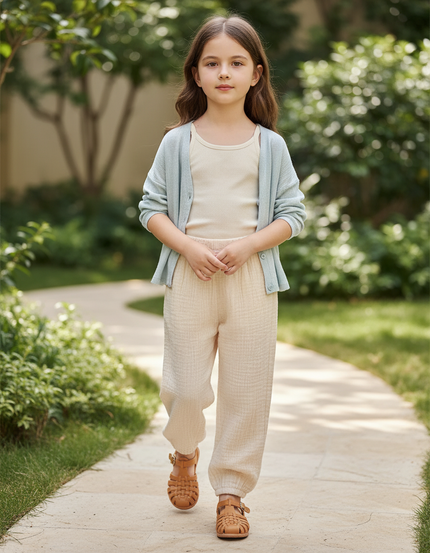 Pantalon En Lin Beige Ample Décontracté Enfant