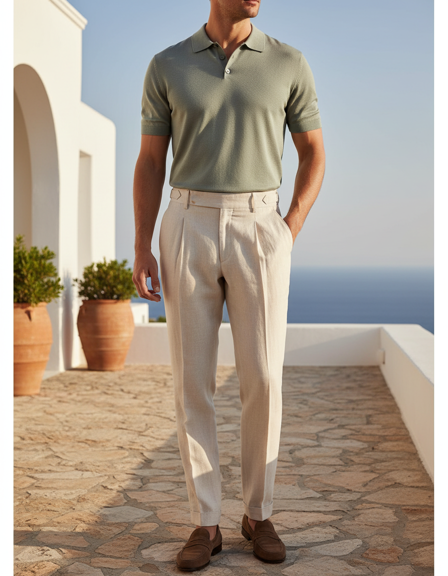 Pantalon En Lin Homme Écru Pince Casual - Beige