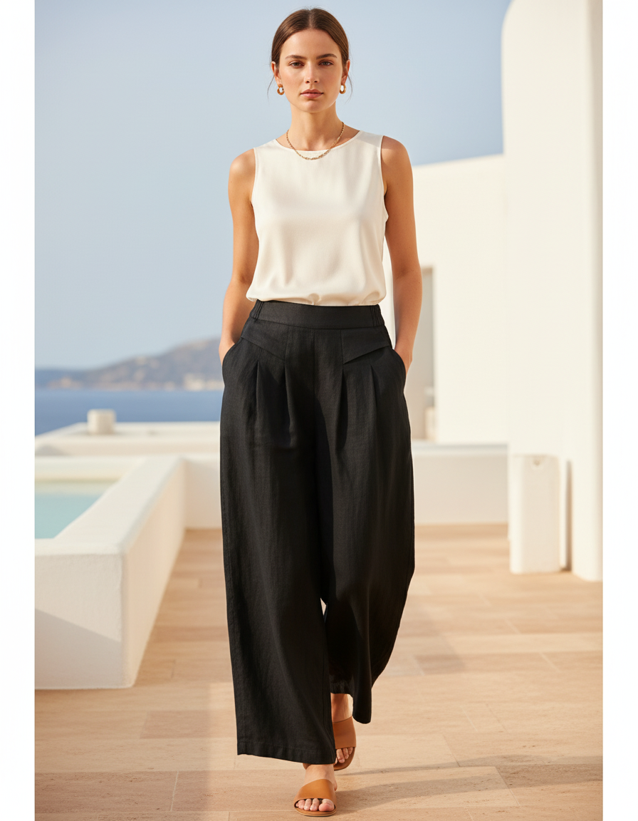 Pantalon En Lin Noir Ample Plissé Décontracté