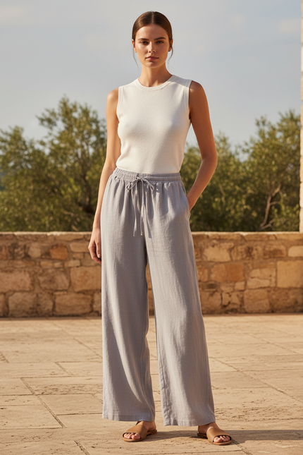 Pantalon En Lin Gris Fluide Décontracté Taille Haute