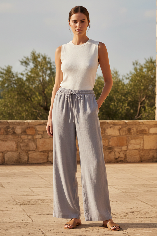 Pantalon En Lin Gris Fluide Décontracté Taille Haute