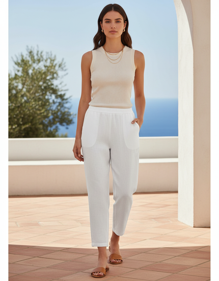 Pantalon En Lin Blanc Décontracté Léger Taille Élastique