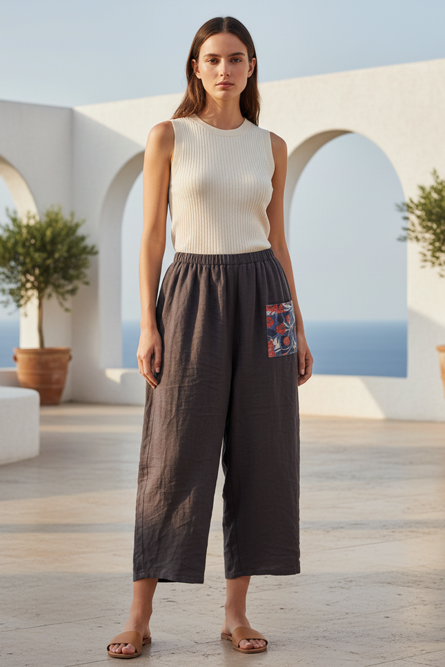Pantalon En Lin Gris Ample Décontracté Patchwork Floral