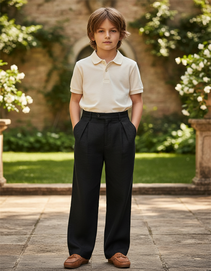 Pantalon En Lin Noir Ample Plissé Garçon Élégant