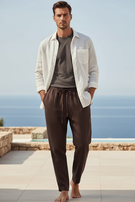 Pantalon En Lin Marron Ample Décontracté Homme