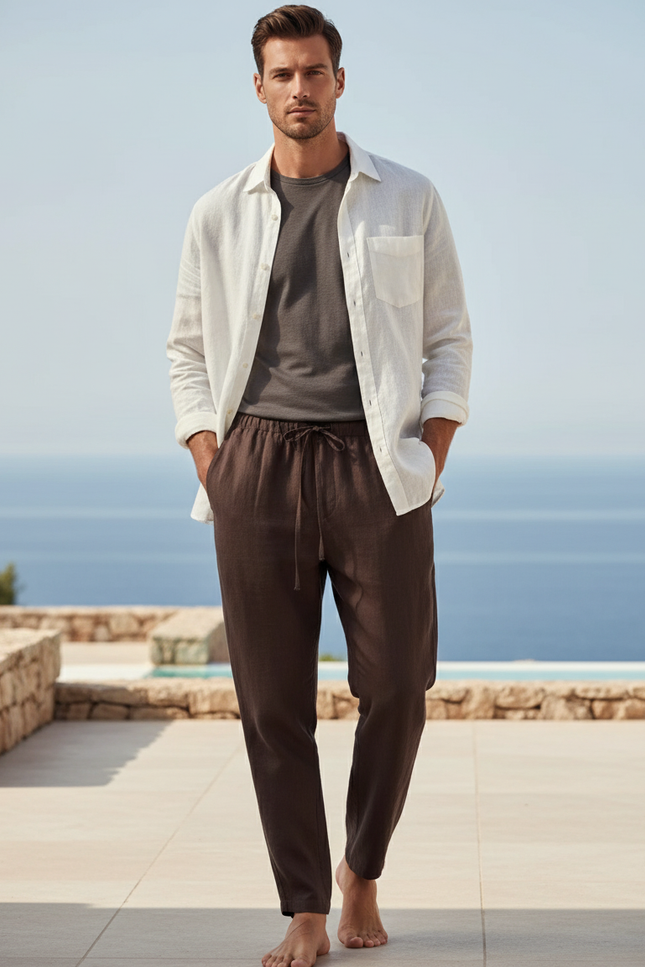 Pantalon En Lin Marron Ample Décontracté Homme