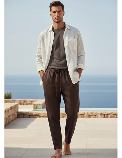 Pantalon En Lin Marron Ample Décontracté Homme