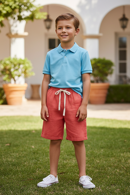 Pantalon En Lin Enfant Corail Ample Cordon Décontracté - Orange