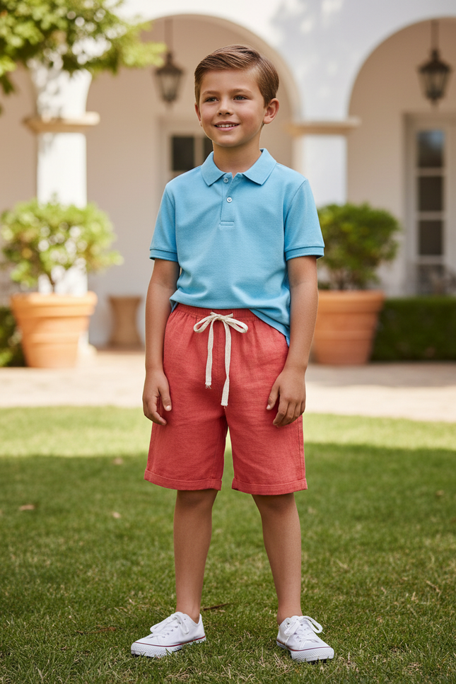 Pantalon En Lin Enfant Corail Ample Cordon Décontracté - Orange