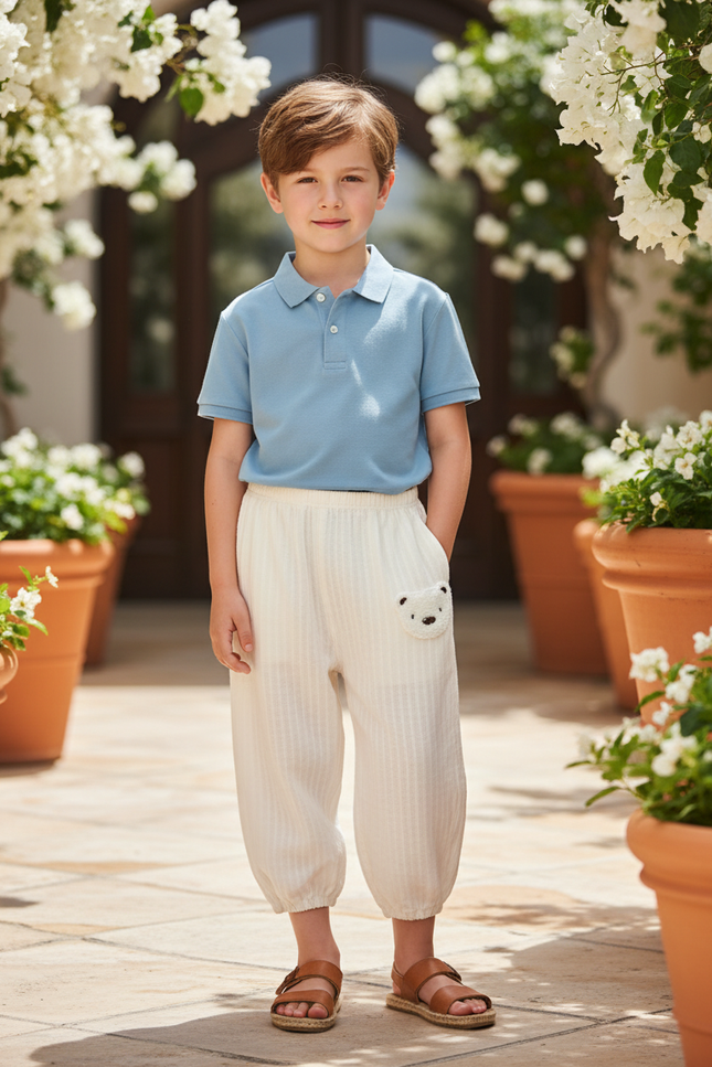 Pantalon En Lin Blanc Ample Enfant Brodé Ours Mignon