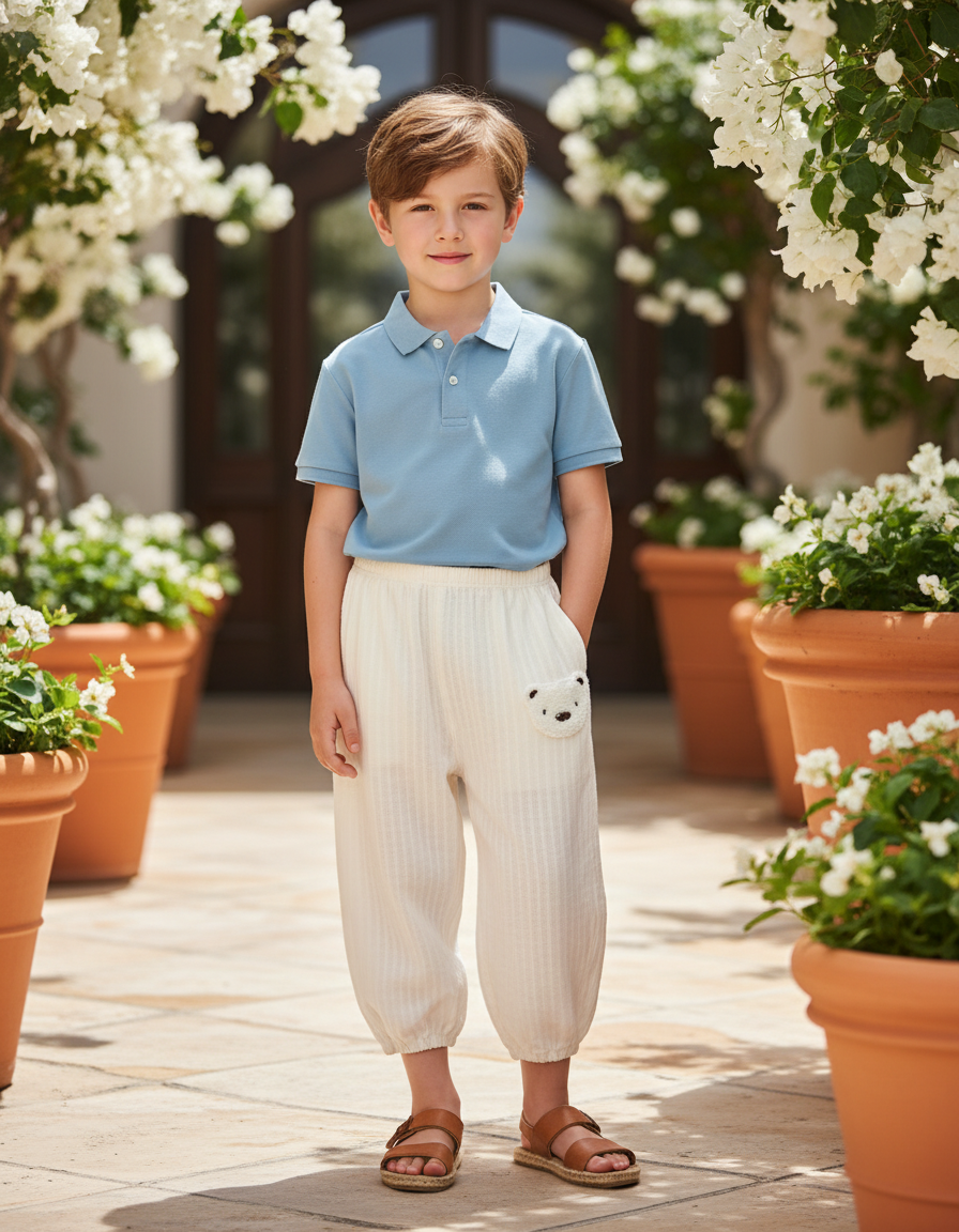 Pantalon En Lin Blanc Ample Enfant Brodé Ours Mignon