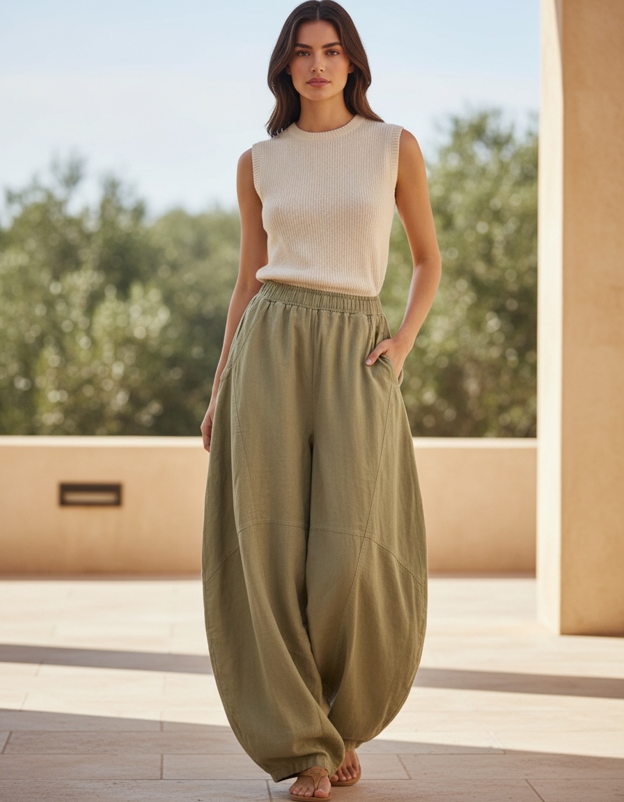 Pantalon En Lin Ample Vert Kaki Fluide Décontracté Femme