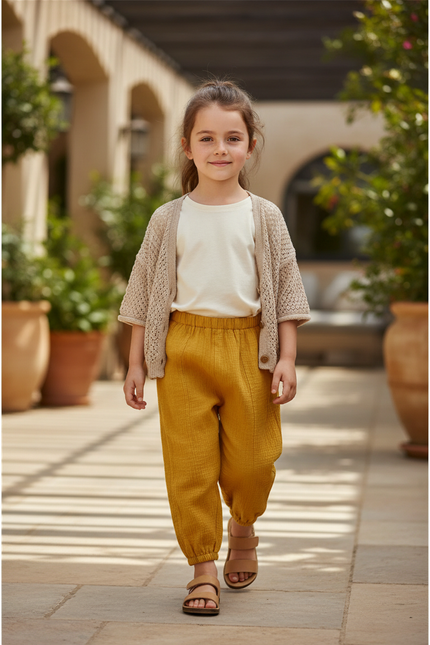 Pantalon En Lin Jaune Moutarde Ample Enfant Coton