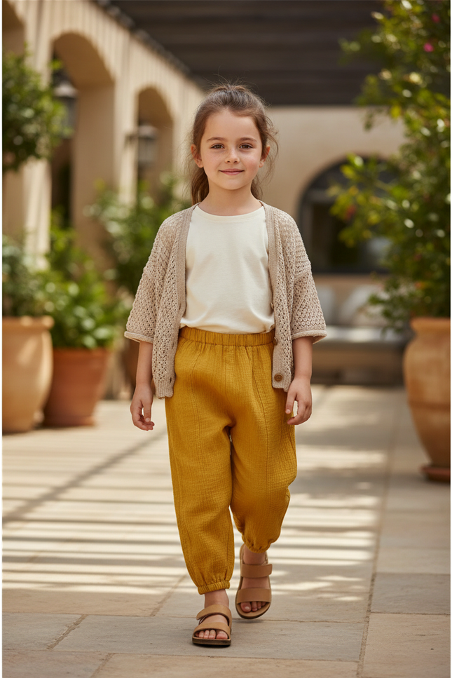Pantalon En Lin Jaune Moutarde Ample Enfant Coton