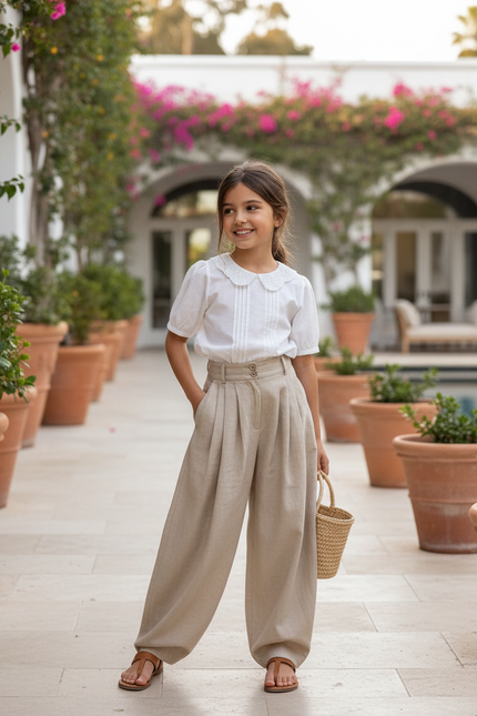 Pantalon En Lin Beige Ample Plissé Fille Élégant