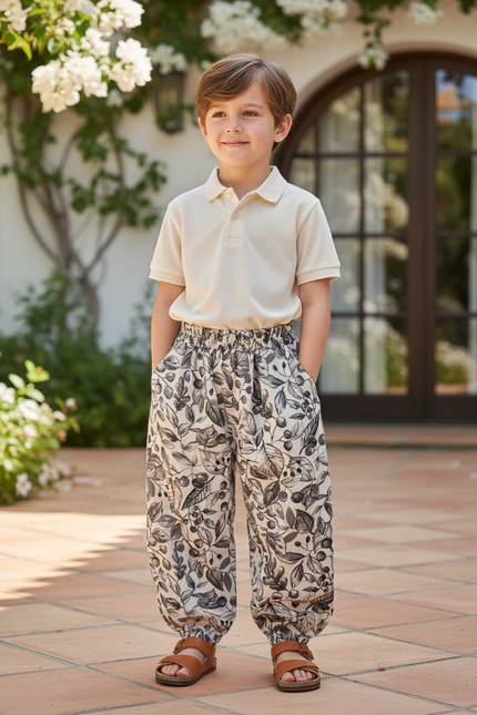 Pantalon En Lin Imprimé Feuillage Ample Décontracté Enfant