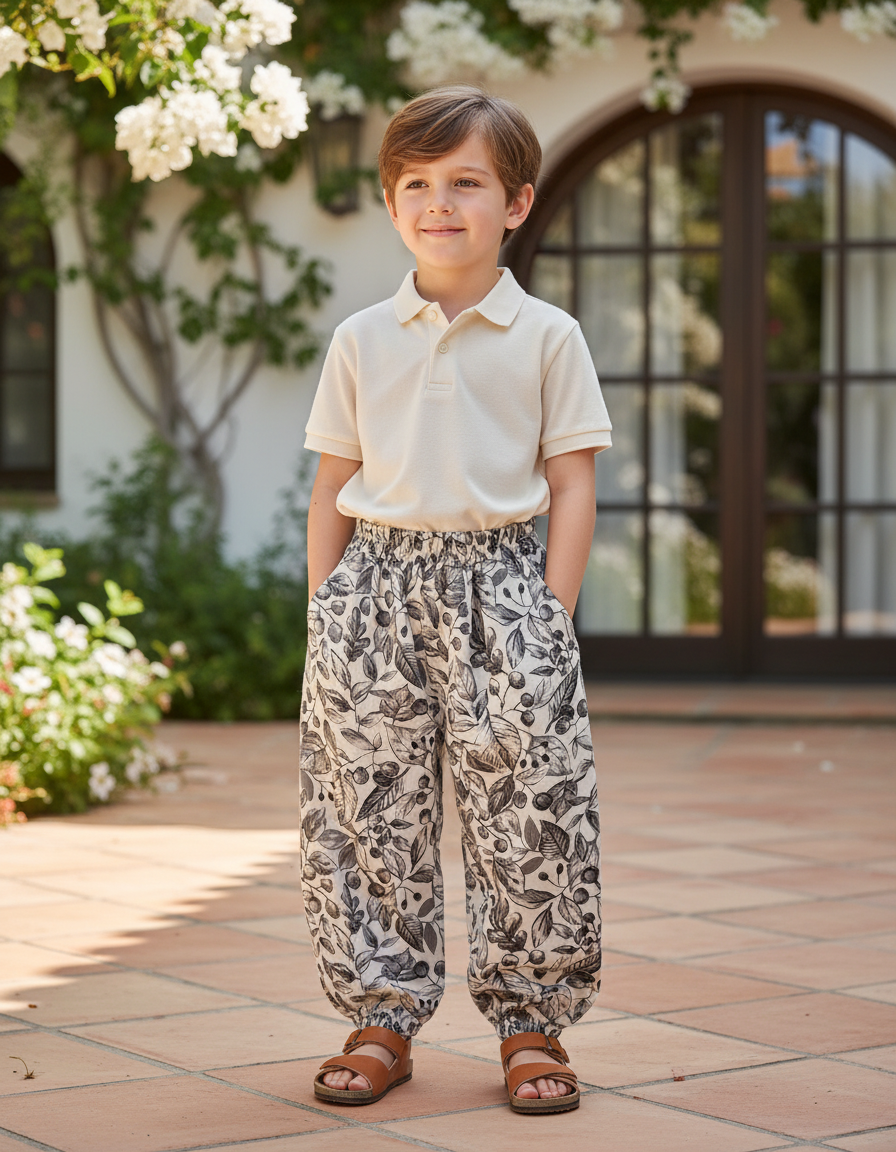 Pantalon En Lin Imprimé Feuillage Ample Décontracté Enfant