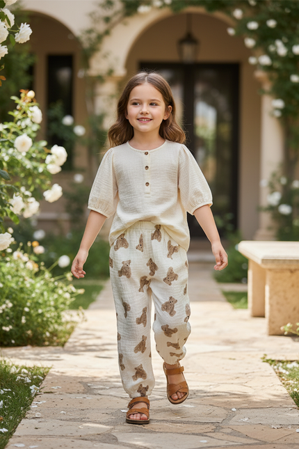 Pantalon En Lin Enfant Ample Motif Ours Mignon - Imprimé