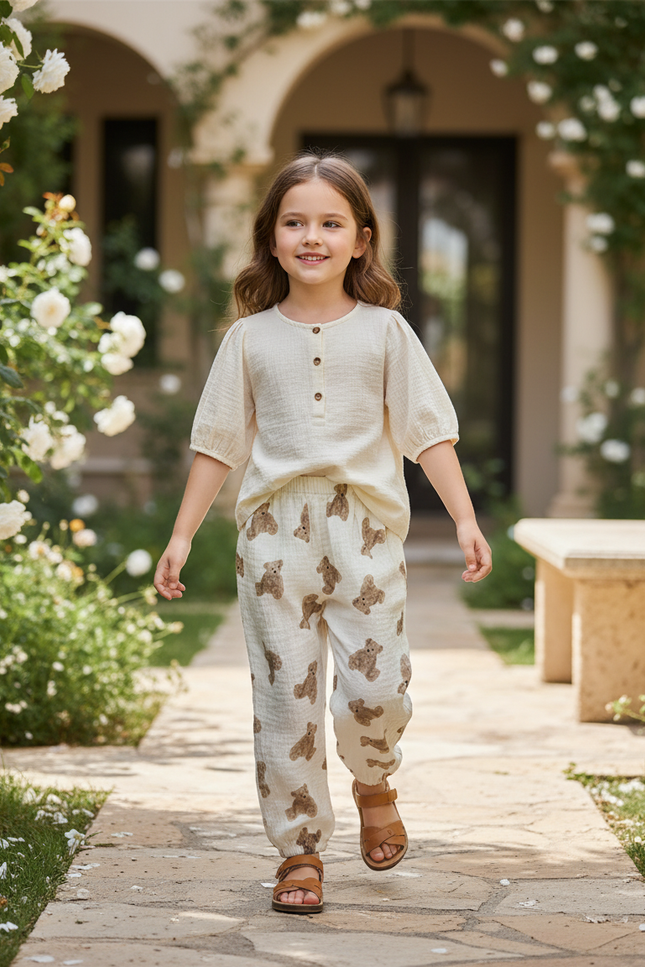 Pantalon En Lin Enfant Ample Motif Ours Mignon - Imprimé