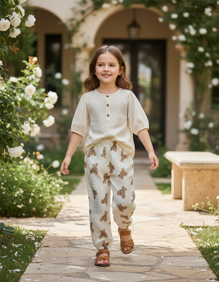 Pantalon En Lin Enfant Ample Motif Ours Mignon - Imprimé