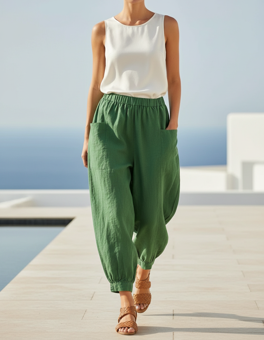 Pantalon En Lin Vert Ample Fluide Décontracté