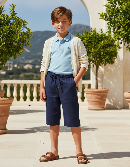 Pantalon En Lin Bleu Marine Court Garçon Décontracté