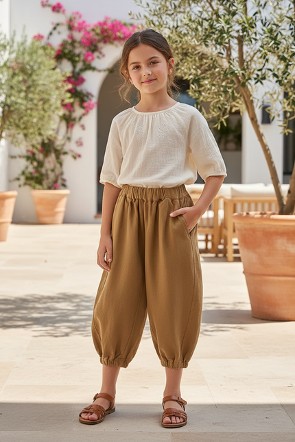 Pantalon En Lin Harem Ample Marron Confortable Enfant