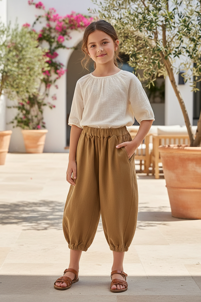 Pantalon En Lin Harem Ample Marron Confortable Enfant