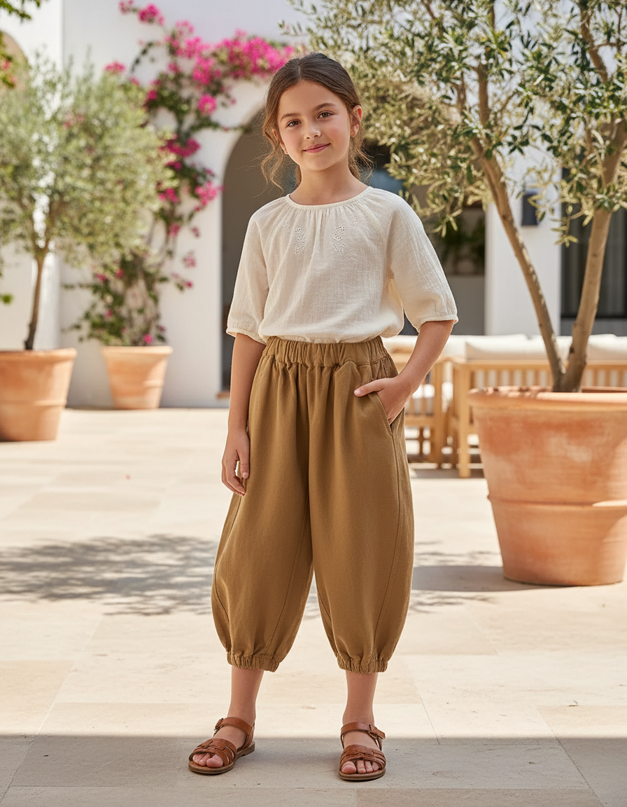 Pantalon En Lin Harem Ample Marron Confortable Enfant