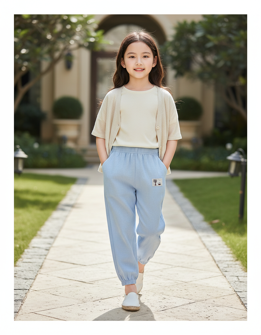 Pantalon En Lin Bleu Enfant Ample Décontracté Léger