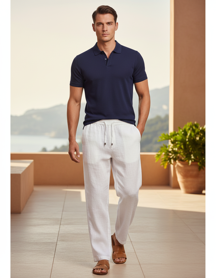 Pantalon En Lin Blanc Cordon Droit Décontracté Homme