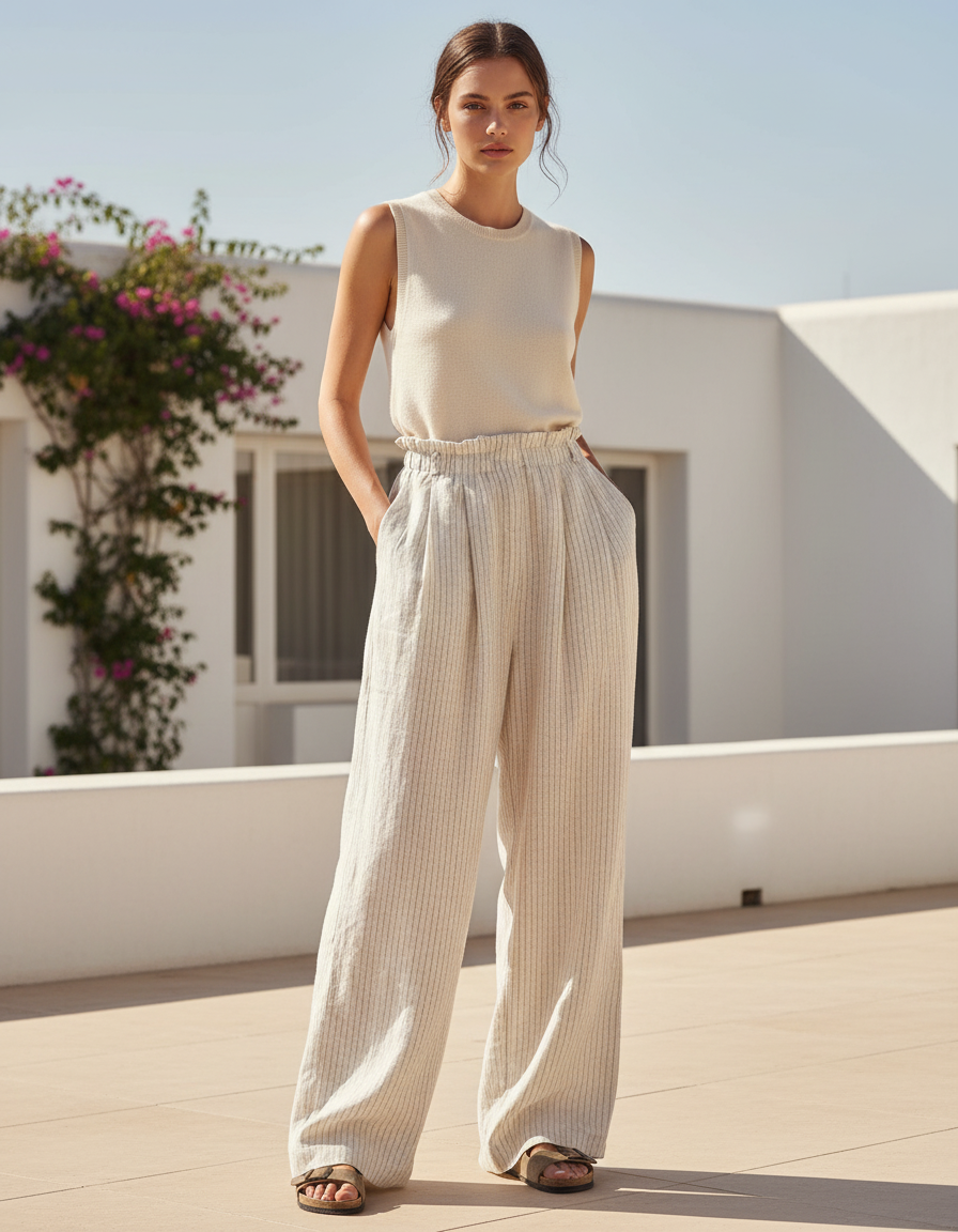 Pantalon En Lin Rayé Ample Taille Haute Confortable - Beige