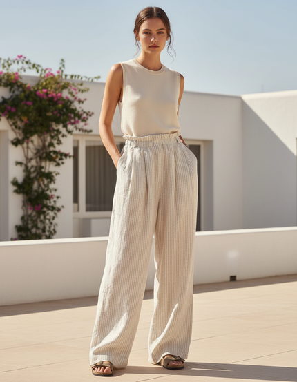 Pantalon En Lin Rayé Ample Taille Haute Confortable - Beige
